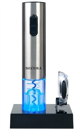 Manufacturer image of a Secura electric wine opener showing push button operation