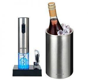Secura wine bottle opener with foil cutter on a charging base in a bar setting