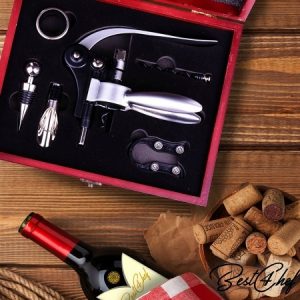 unpacked Rabbit wine opener gift set includes rabbit opener, wine stopper and wine collar